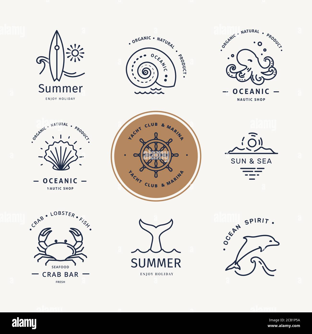 Moderne Vektor-Illustration von Unterwasserleben Logo. Flache Symbole mit Meereslebewesen und Symbolen. Stock Vektor