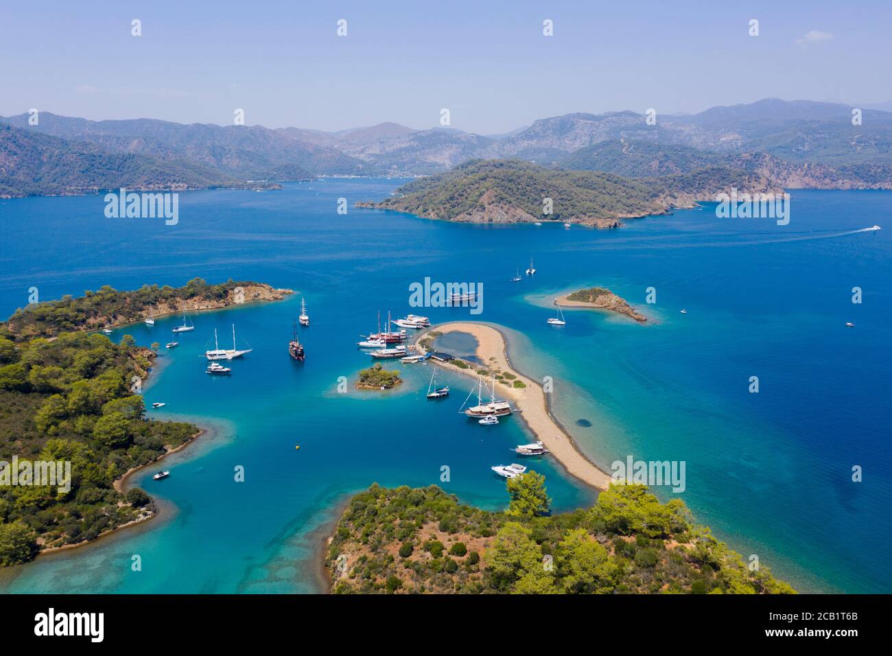 Luftaufnahme der Yassıca Inseln von Gocek Fethiye Türkei. Stockfoto