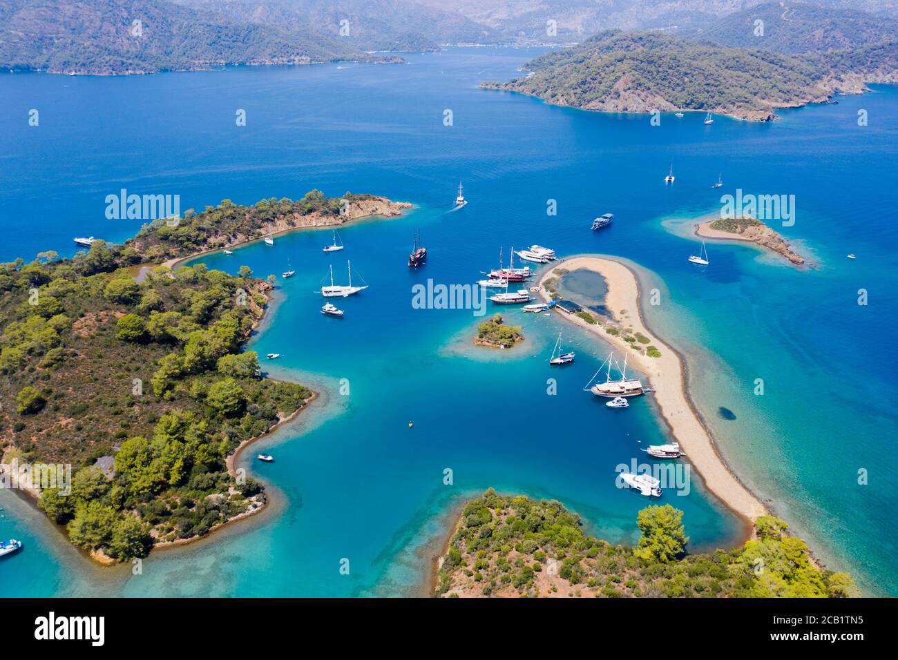 Luftaufnahme der Yassıca Inseln von Gocek Fethiye Türkei. Stockfoto