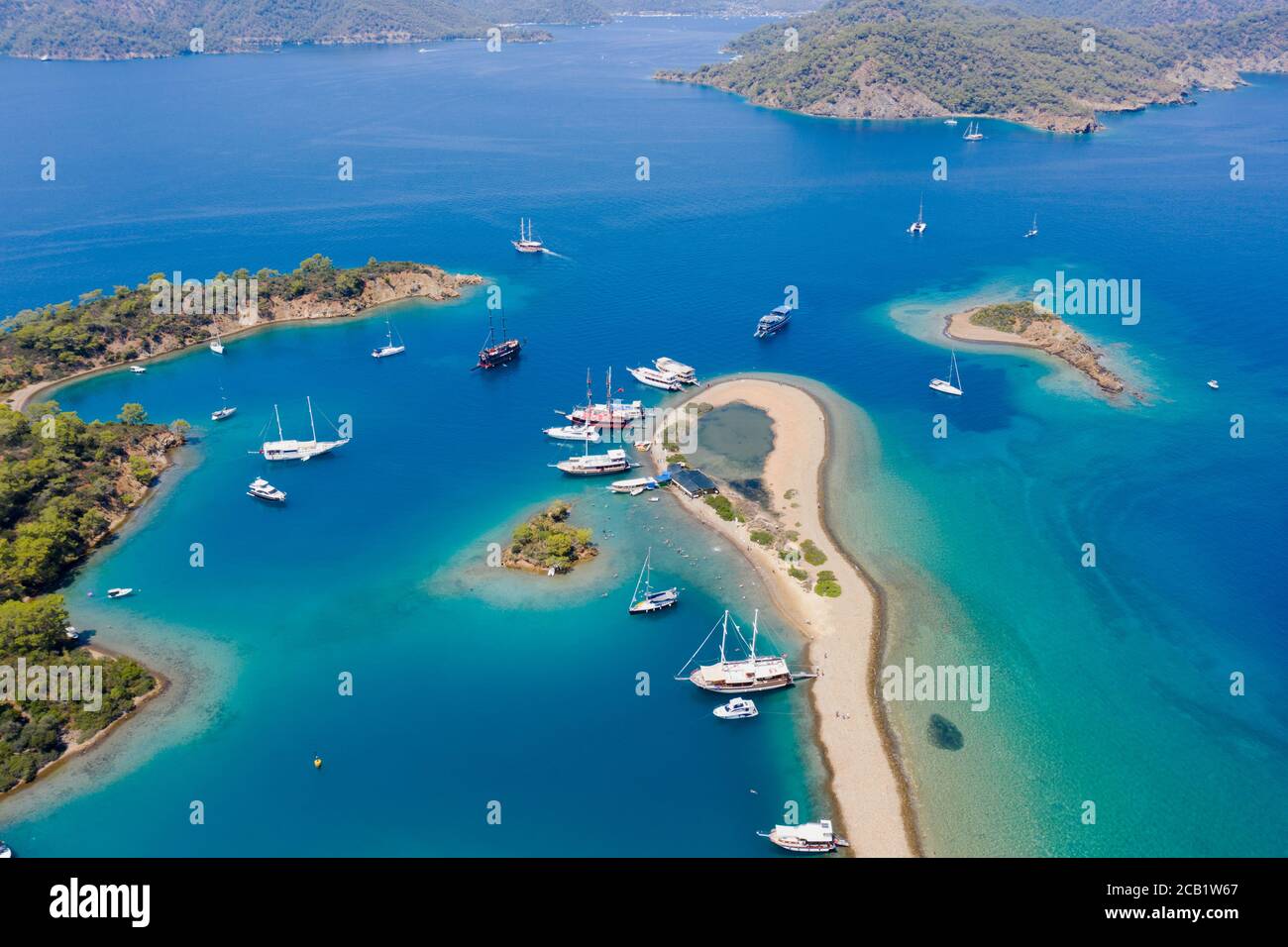 Luftaufnahme der Yassıca Inseln von Gocek Fethiye Türkei. Stockfoto