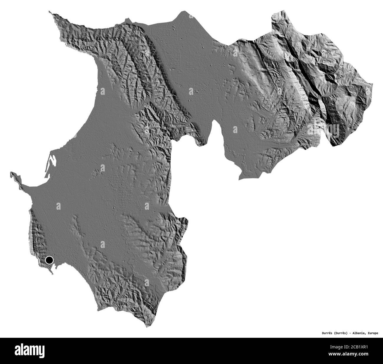 Form von Durrës, Grafschaft Albanien, mit seiner Hauptstadt isoliert auf weißem Hintergrund. Höhenkarte mit zwei Ebenen. 3D-Rendering Stockfoto