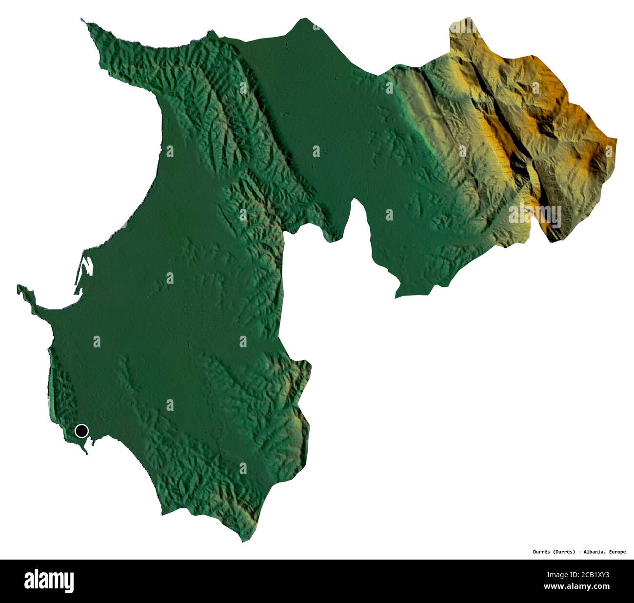 Form von Durrës, Grafschaft Albanien, mit seiner Hauptstadt isoliert auf weißem Hintergrund. Topografische Reliefkarte. 3D-Rendering Stockfoto