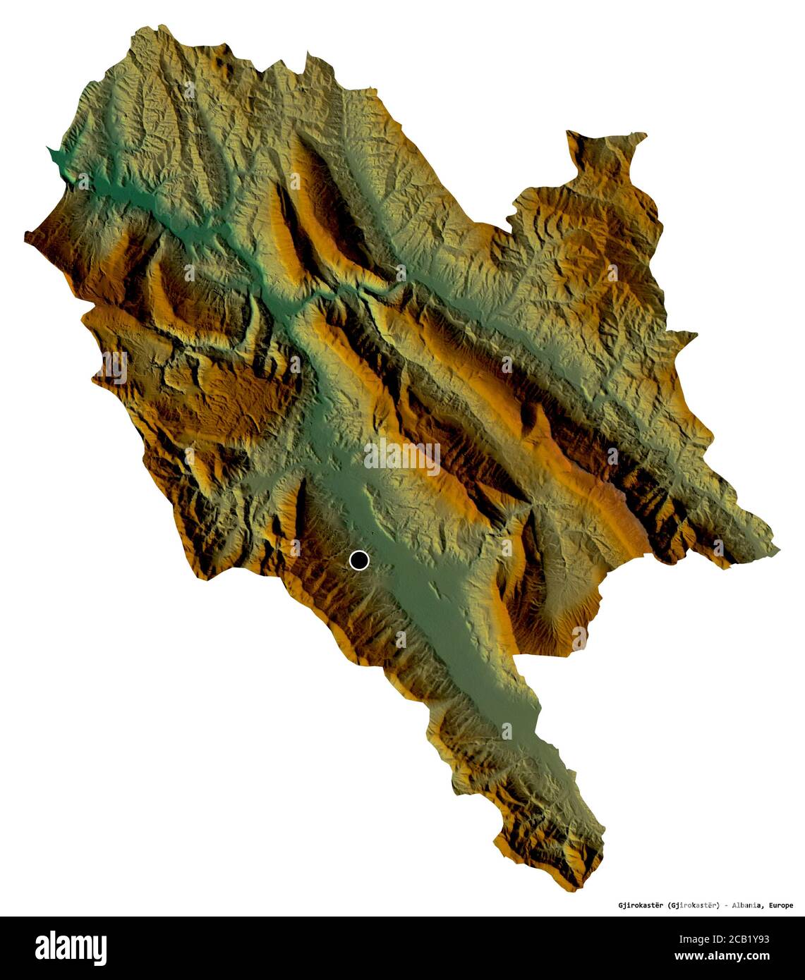 Form von Gjirokastër, Grafschaft Albanien, mit seiner Hauptstadt isoliert auf weißem Hintergrund. Topografische Reliefkarte. 3D-Rendering Stockfoto