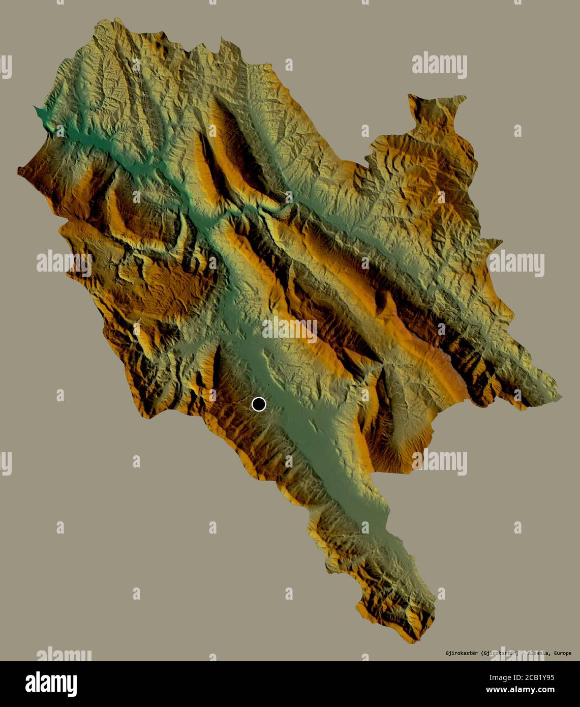 Form von Gjirokastër, Grafschaft Albanien, mit seiner Hauptstadt isoliert auf einem einfarbigen Hintergrund. Topografische Reliefkarte. 3D-Rendering Stockfoto