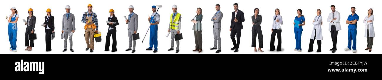 Full length Portrait der Gruppe von Menschen, die verschiedene Berufe der Wirtschaft, Medizin, Bauindustrie Stockfoto