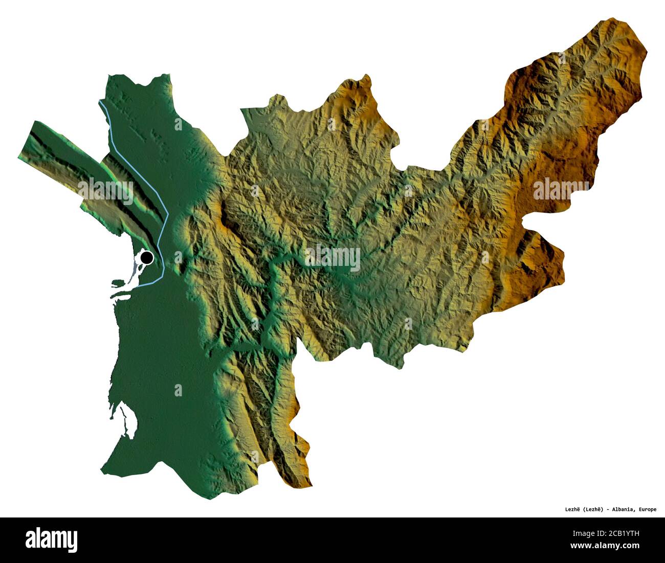 Form von Lezhë, Grafschaft Albanien, mit seiner Hauptstadt isoliert auf weißem Hintergrund. Topografische Reliefkarte. 3D-Rendering Stockfoto