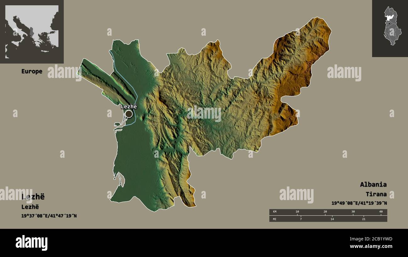 Form von Lezhë, Grafschaft Albanien, und seine Hauptstadt. Entfernungsskala, Vorschauen und Beschriftungen. Topografische Reliefkarte. 3D-Rendering Stockfoto