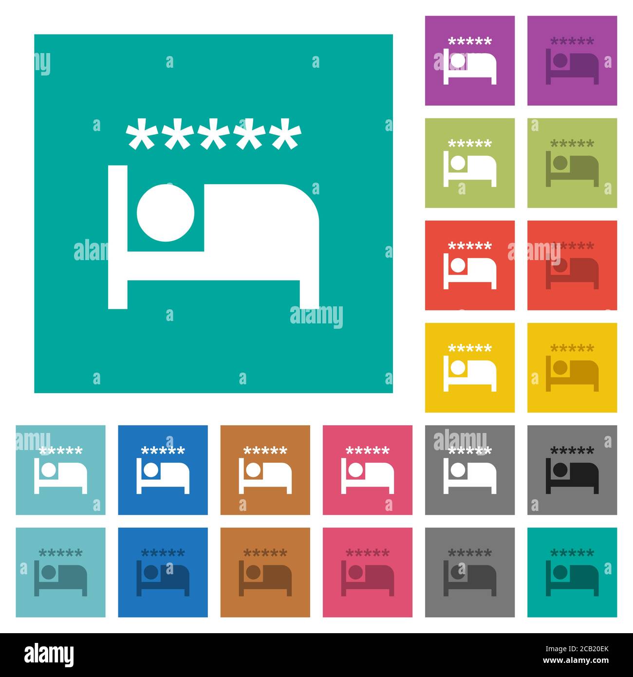 Mehrfarbige flache Luxushotels auf schlichten quadratischen Hintergründen. Weiße und dunklere Symbolvarianten für schwebe- oder aktive Effekte. Stock Vektor