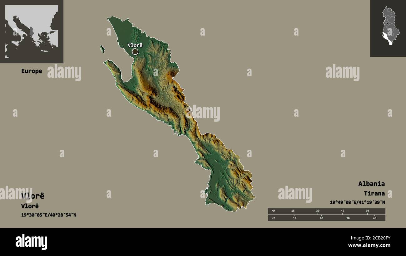 Form von Vlorë, Grafschaft Albanien, und seine Hauptstadt. Entfernungsskala, Vorschauen und Beschriftungen. Topografische Reliefkarte. 3D-Rendering Stockfoto