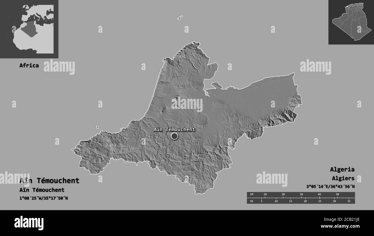 Form von Aïn Témouchent, Provinz Algerien, und seine Hauptstadt. Entfernungsskala, Vorschauen und Beschriftungen. Höhenkarte mit zwei Ebenen. 3D-Rendering Stockfoto