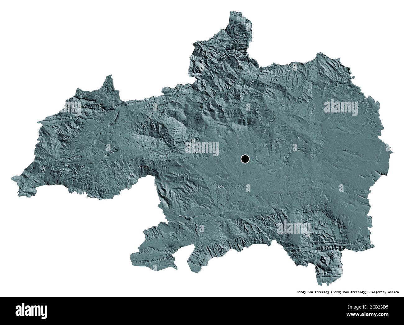 Form von Bordj Bou Arréridj, Provinz Algerien, mit seiner Hauptstadt isoliert auf weißem Hintergrund. Farbige Höhenkarte. 3D-Rendering Stockfoto