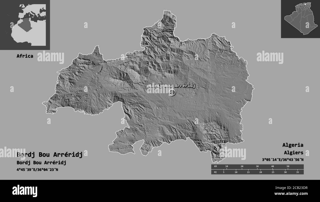 Form von Bordj Bou Arréridj, Provinz Algerien, und seine Hauptstadt. Entfernungsskala, Vorschauen und Beschriftungen. Höhenkarte mit zwei Ebenen. 3D-Rendering Stockfoto