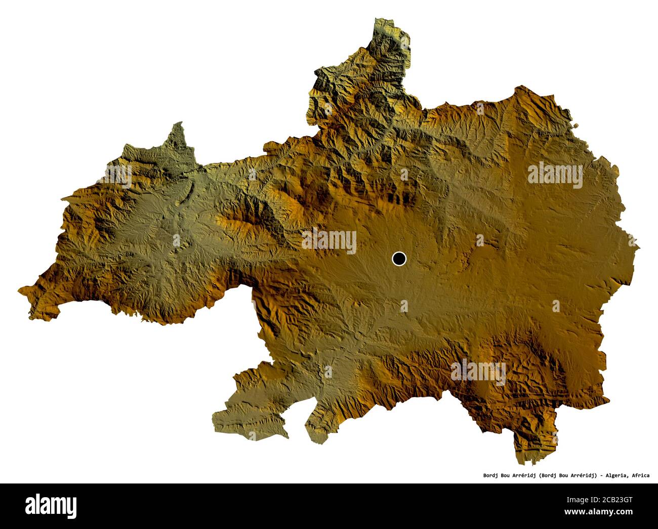 Form von Bordj Bou Arréridj, Provinz Algerien, mit seiner Hauptstadt isoliert auf weißem Hintergrund. Topografische Reliefkarte. 3D-Rendering Stockfoto