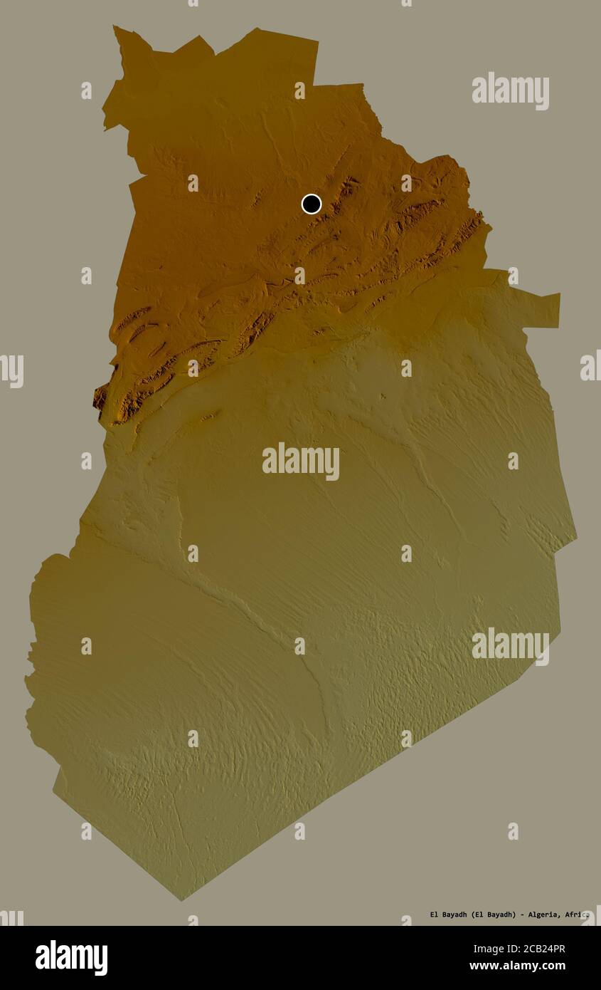 Form von El Bayadh, Provinz Algerien, mit seiner Hauptstadt isoliert auf einem einfarbigen Hintergrund. Topografische Reliefkarte. 3D-Rendering Stockfoto