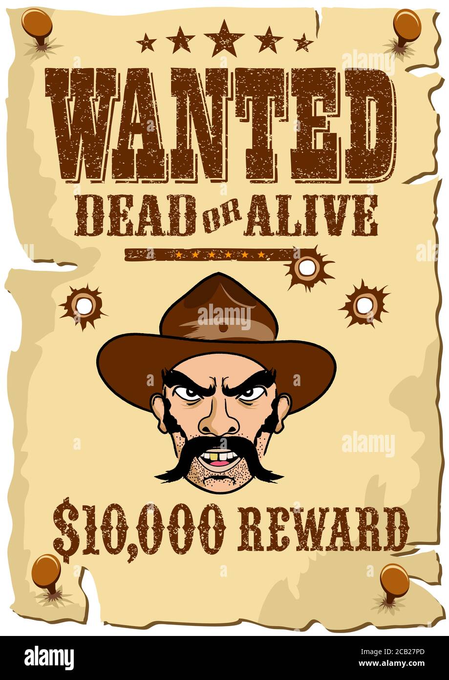 WANTED Outlaw Poster, Wild West Vorlage in einem Cartoon-Stil Stockfoto
