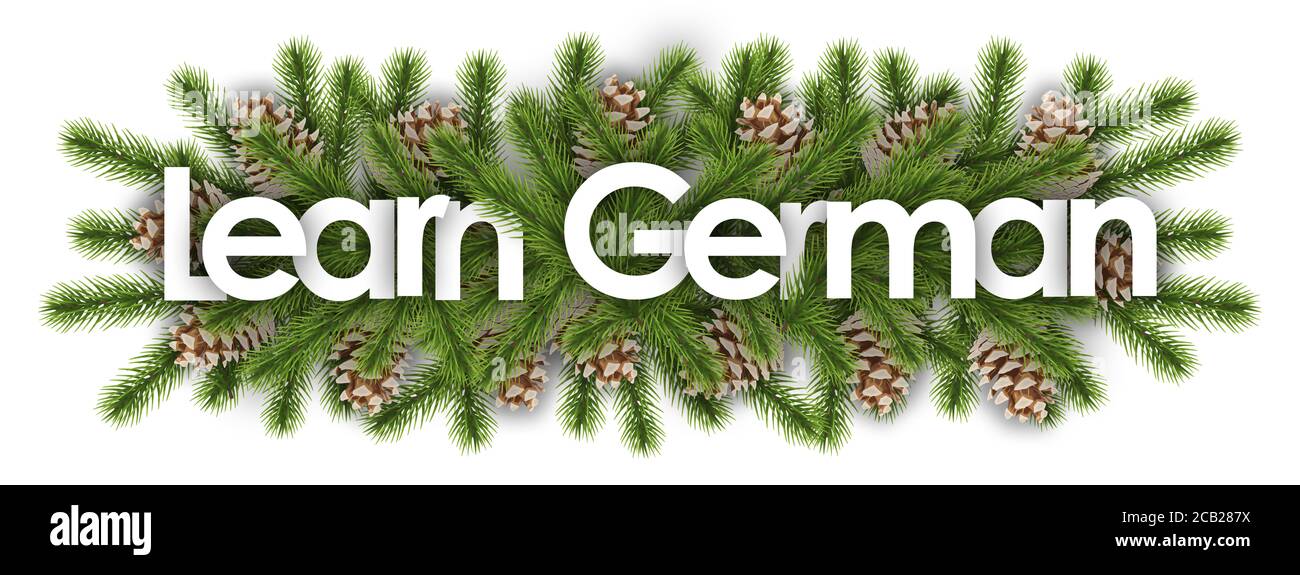 Lernen Sie Deutsch im weihnachtshintergrund - Kiefernzweige Stockfoto