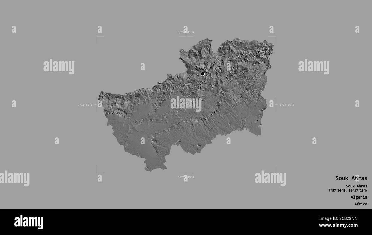 Gebiet von Souk Ahras, Provinz Algerien, isoliert auf einem soliden Hintergrund in einem georeferenzierten Begrenzungsrahmen. Beschriftungen. Höhenkarte mit zwei Ebenen. 3D-Rendering Stockfoto