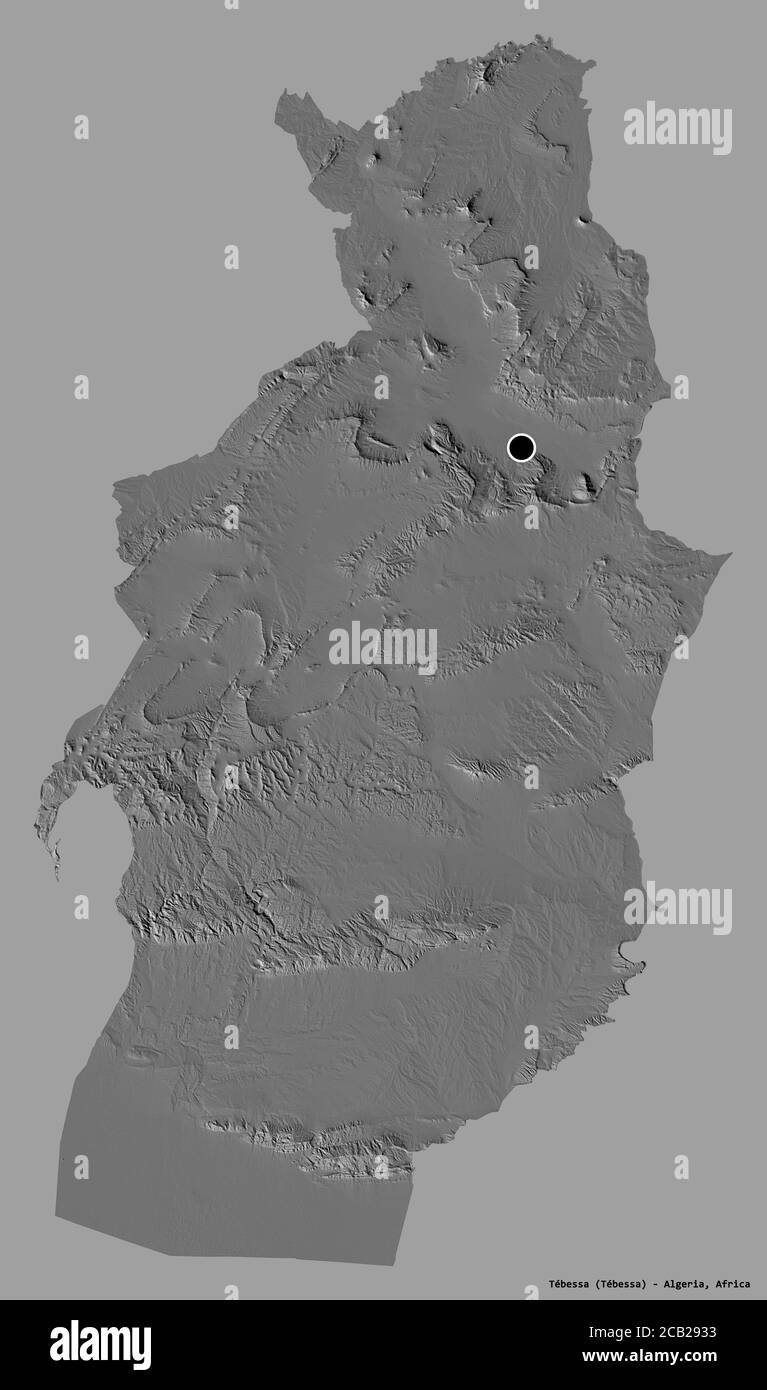 Form von Tébessa, Provinz Algerien, mit seiner Hauptstadt isoliert auf einem einfarbigen Hintergrund. Höhenkarte mit zwei Ebenen. 3D-Rendering Stockfoto