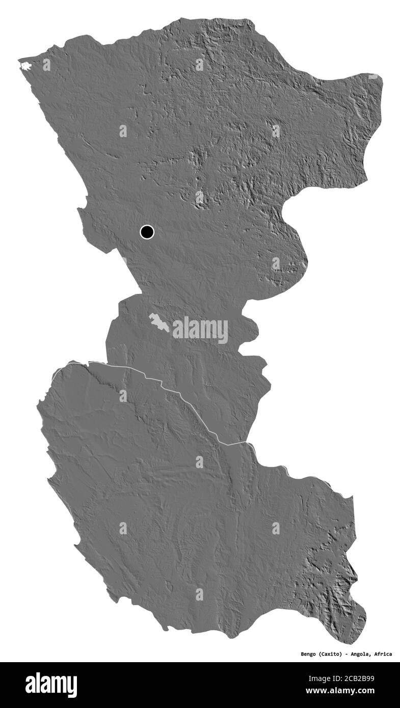 Form von Bengo, Provinz Angola, mit seiner Hauptstadt isoliert auf weißem Hintergrund. Höhenkarte mit zwei Ebenen. 3D-Rendering Stockfoto