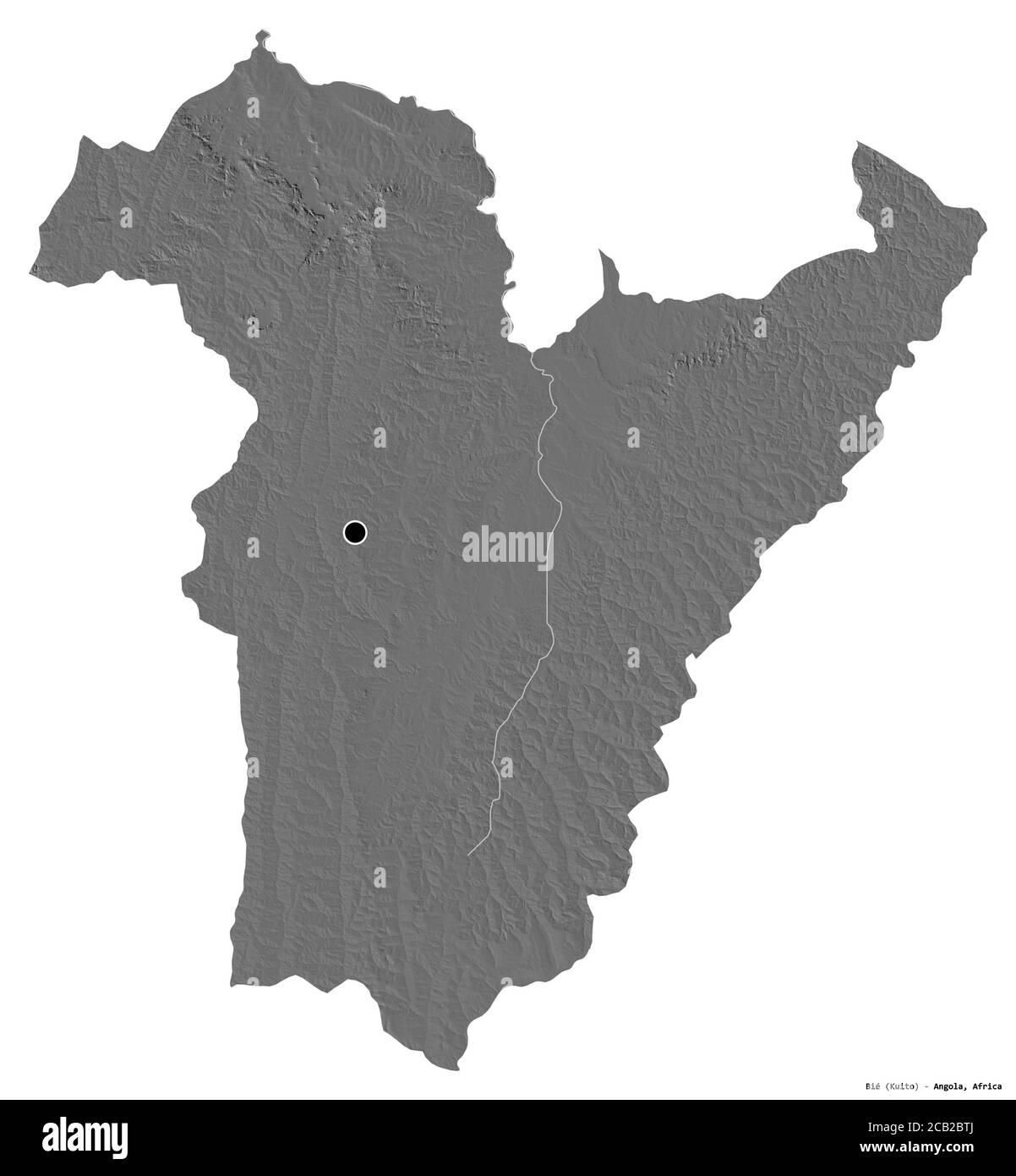 Form von Bié, Provinz Angola, mit seiner Hauptstadt isoliert auf weißem Hintergrund. Höhenkarte mit zwei Ebenen. 3D-Rendering Stockfoto