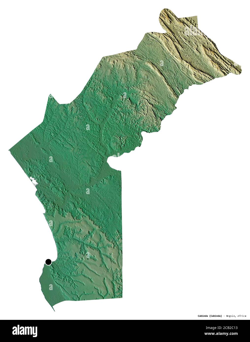 Form von Cabinda, Provinz Angola, mit seiner Hauptstadt isoliert auf weißem Hintergrund. Topografische Reliefkarte. 3D-Rendering Stockfoto