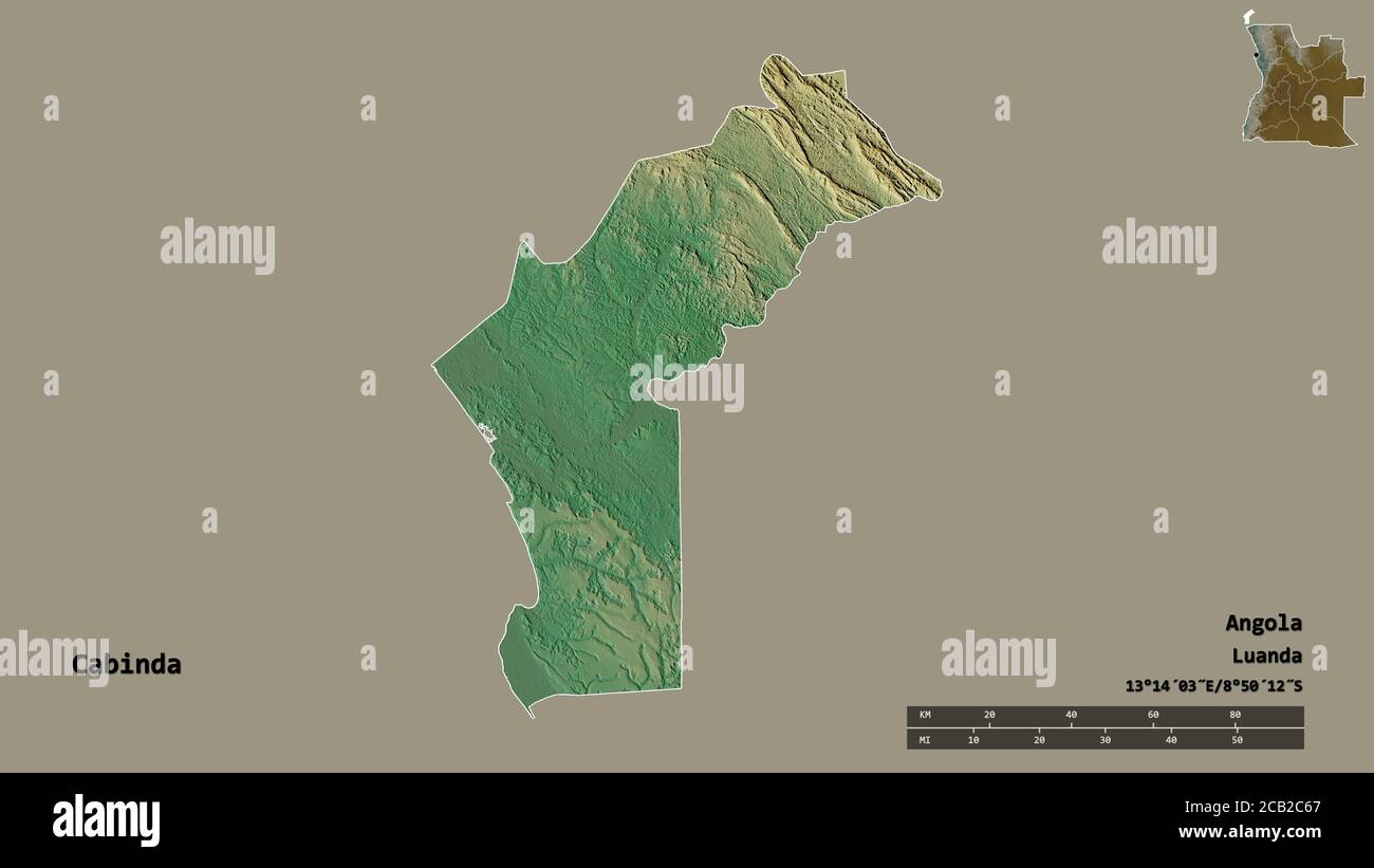 Form von Cabinda, Provinz Angola, mit seiner Hauptstadt auf festem Hintergrund isoliert. Entfernungsskala, Regionenvorschau und Beschriftungen. Topografische Reliefkarte Stockfoto