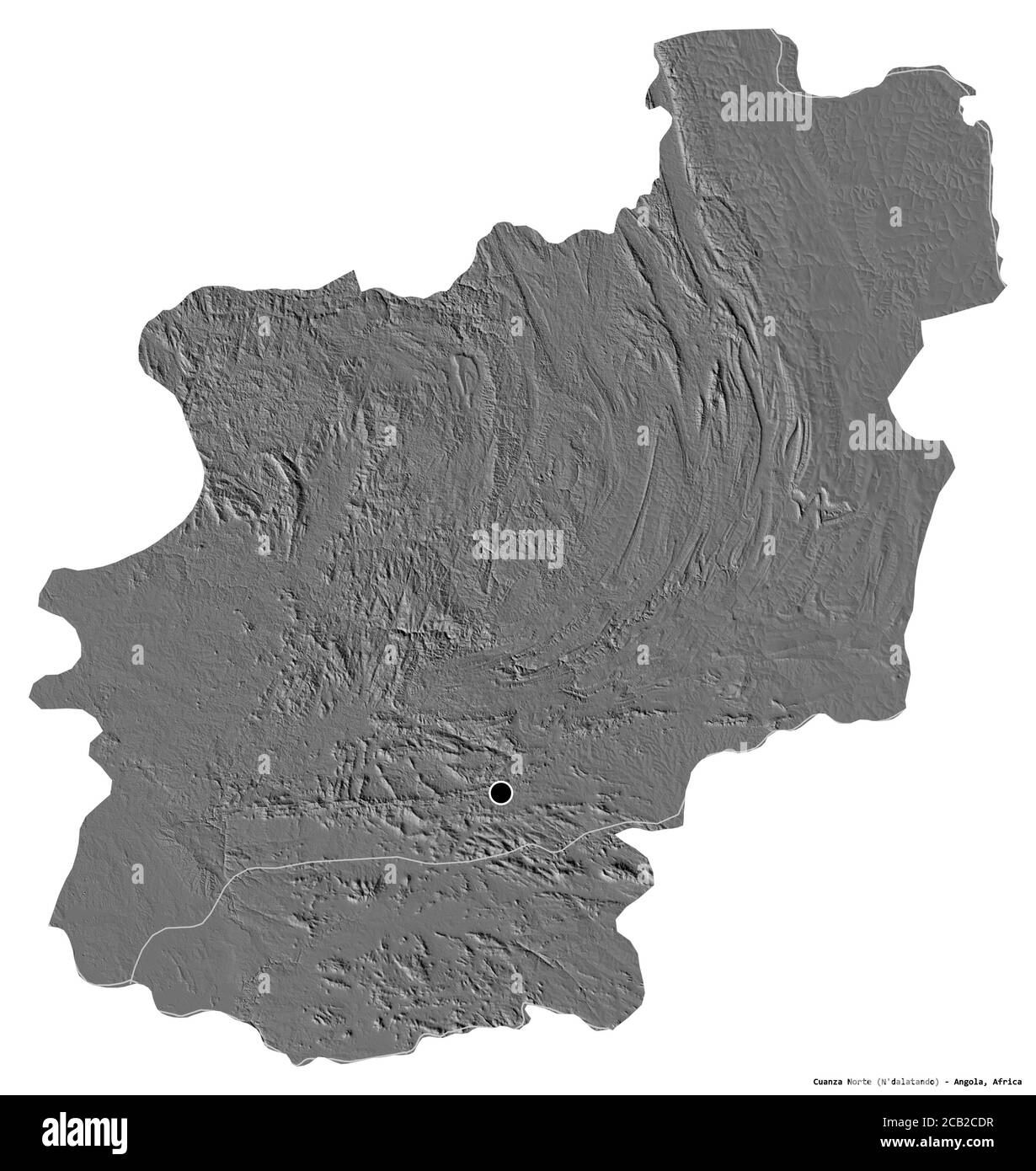 Form von Cuanza Norte, Provinz Angola, mit seiner Hauptstadt isoliert auf weißem Hintergrund. Höhenkarte mit zwei Ebenen. 3D-Rendering Stockfoto