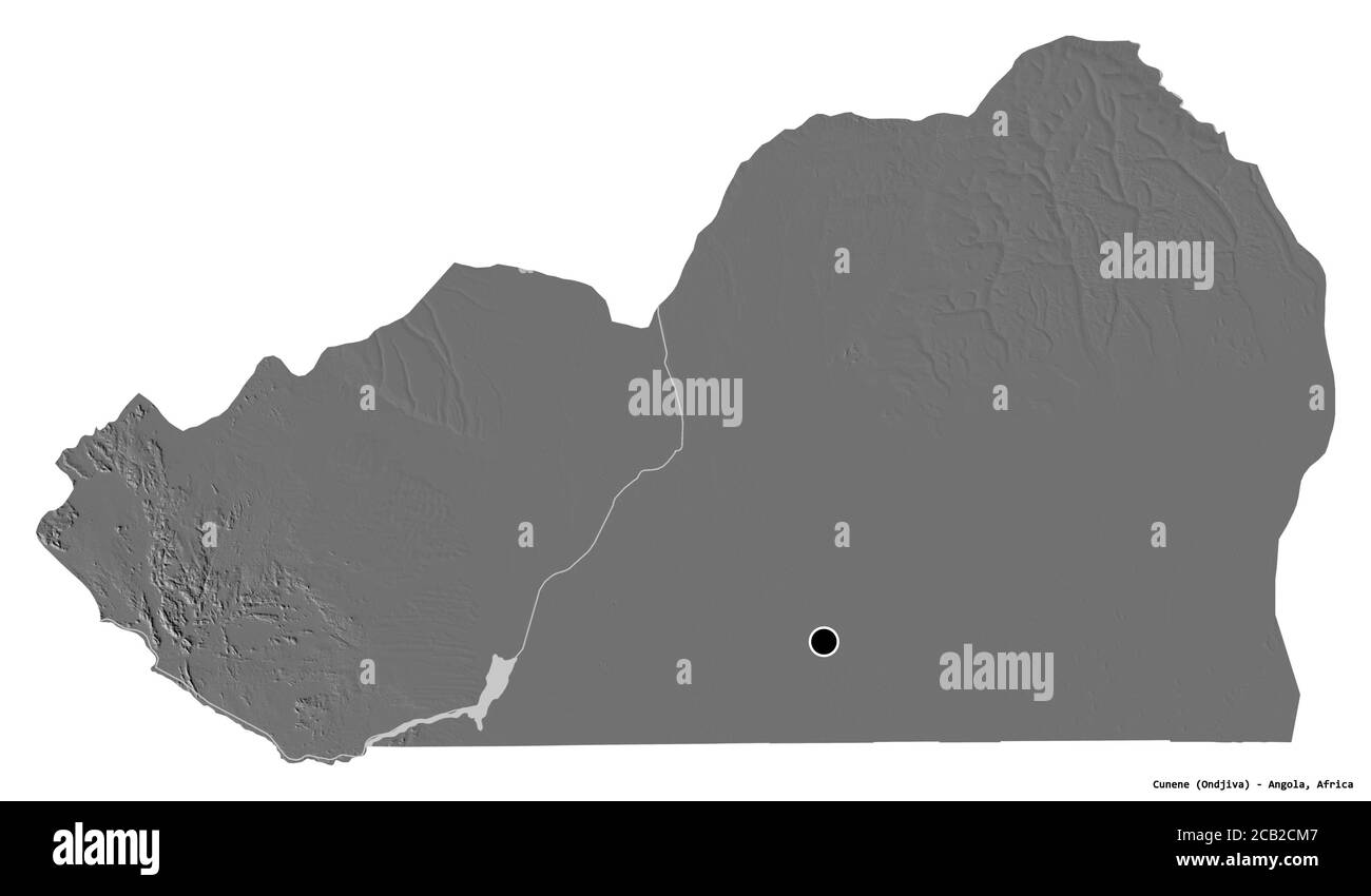 Form von Cunene, Provinz Angola, mit seiner Hauptstadt isoliert auf weißem Hintergrund. Höhenkarte mit zwei Ebenen. 3D-Rendering Stockfoto