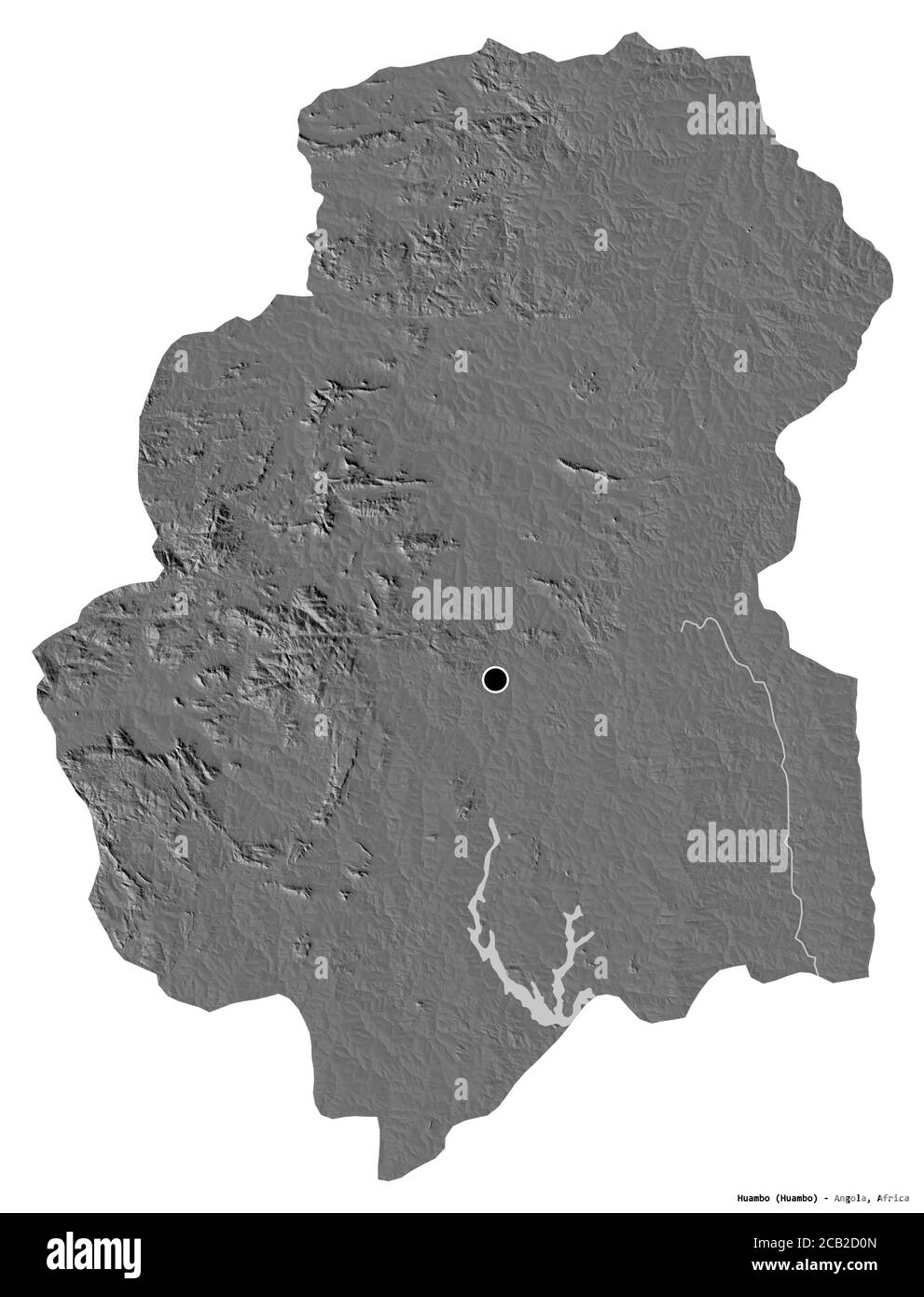Form von Huambo, Provinz Angola, mit seiner Hauptstadt isoliert auf weißem Hintergrund. Höhenkarte mit zwei Ebenen. 3D-Rendering Stockfoto
