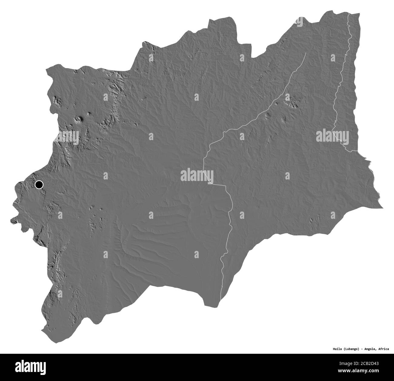 Form von Huíla, Provinz Angola, mit seiner Hauptstadt isoliert auf weißem Hintergrund. Höhenkarte mit zwei Ebenen. 3D-Rendering Stockfoto