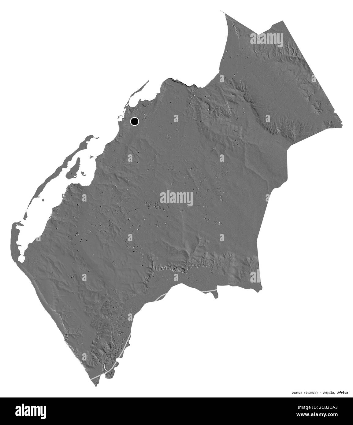 Form von Luanda, Provinz Angola, mit seiner Hauptstadt isoliert auf weißem Hintergrund. Höhenkarte mit zwei Ebenen. 3D-Rendering Stockfoto