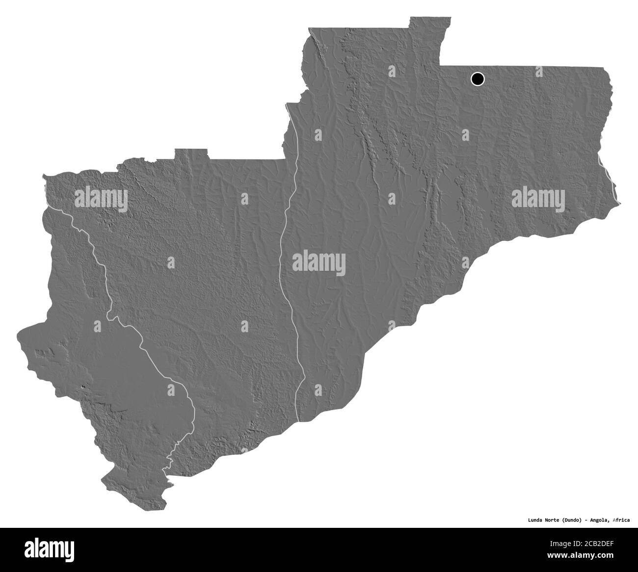 Form von Lunda Norte, Provinz Angola, mit seiner Hauptstadt isoliert auf weißem Hintergrund. Höhenkarte mit zwei Ebenen. 3D-Rendering Stockfoto