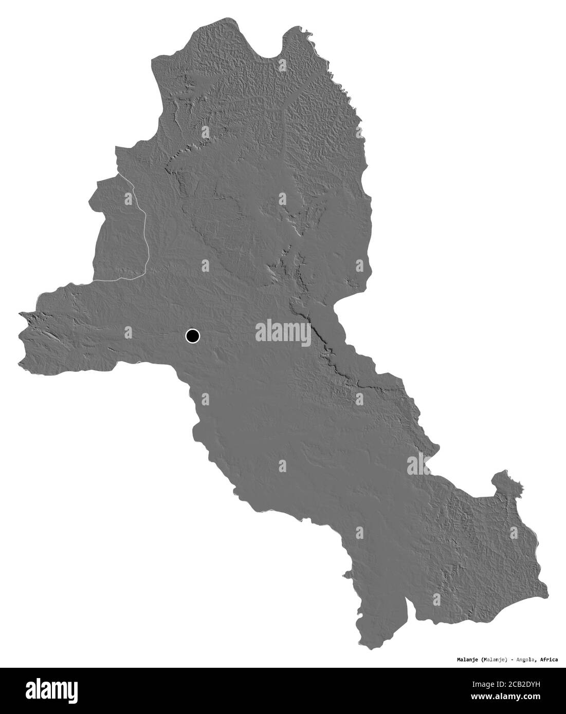 Form von Malanje, Provinz Angola, mit seiner Hauptstadt isoliert auf weißem Hintergrund. Höhenkarte mit zwei Ebenen. 3D-Rendering Stockfoto