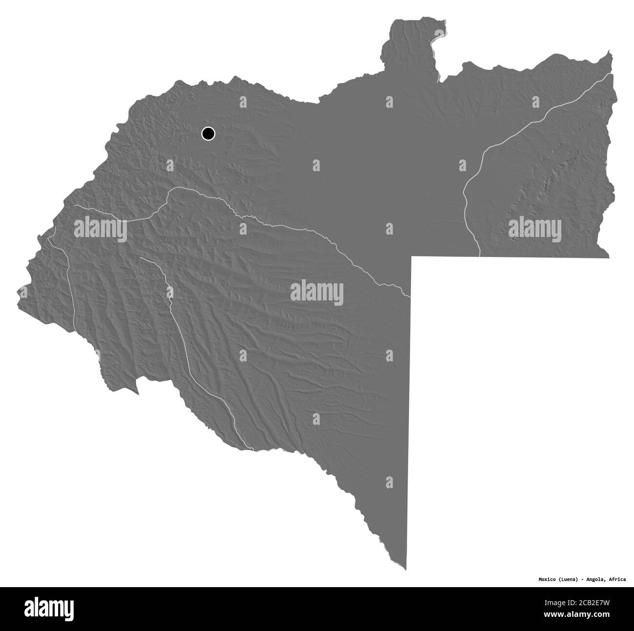 Form von Moxico, Provinz Angola, mit seiner Hauptstadt isoliert auf weißem Hintergrund. Höhenkarte mit zwei Ebenen. 3D-Rendering Stockfoto