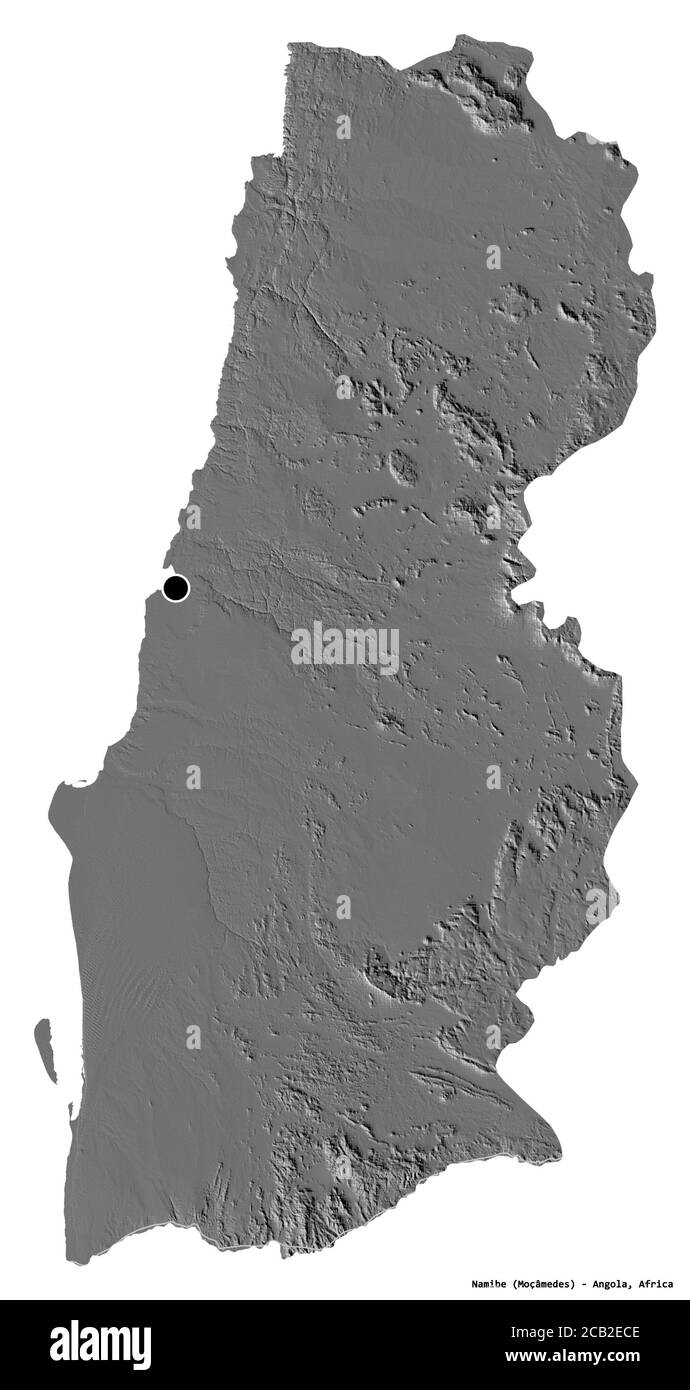 Form von Namibe, Provinz Angola, mit seiner Hauptstadt isoliert auf weißem Hintergrund. Höhenkarte mit zwei Ebenen. 3D-Rendering Stockfoto