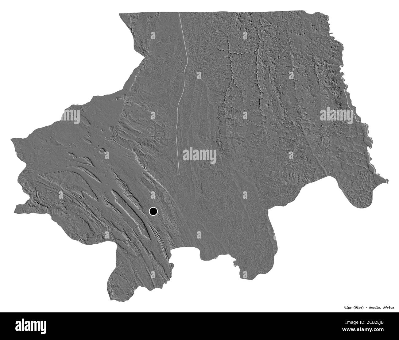 Form von Uíge, Provinz Angola, mit seiner Hauptstadt isoliert auf weißem Hintergrund. Höhenkarte mit zwei Ebenen. 3D-Rendering Stockfoto