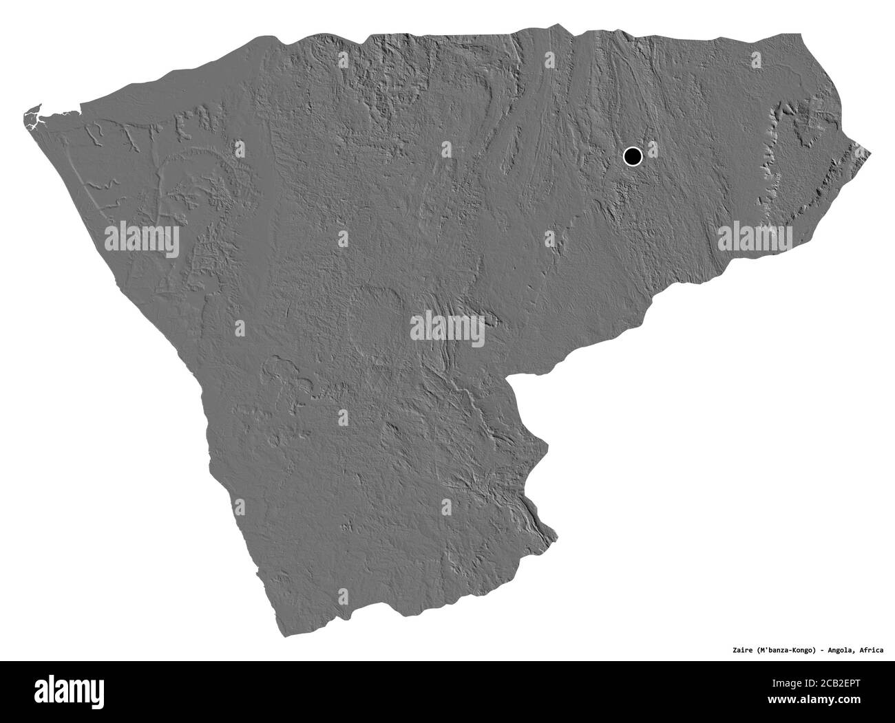 Form von Zaire, Provinz Angola, mit seiner Hauptstadt isoliert auf weißem Hintergrund. Höhenkarte mit zwei Ebenen. 3D-Rendering Stockfoto