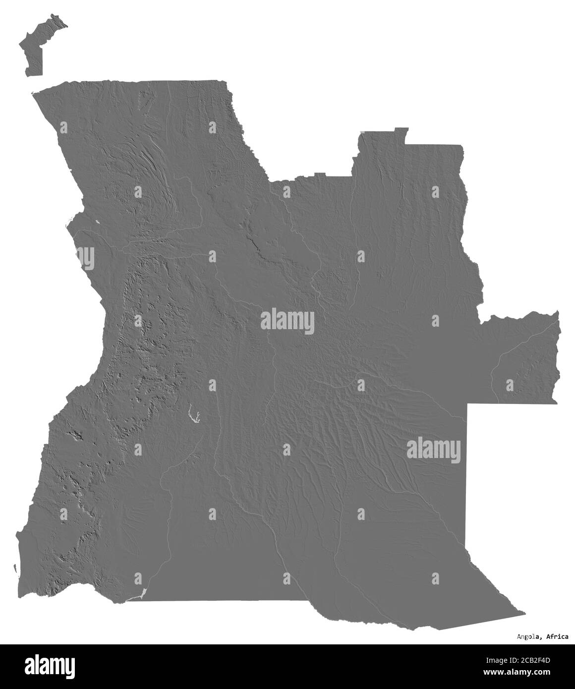 Form von Angola mit seiner Hauptstadt isoliert auf weißem Hintergrund. Höhenkarte mit zwei Ebenen. 3D-Rendering Stockfoto