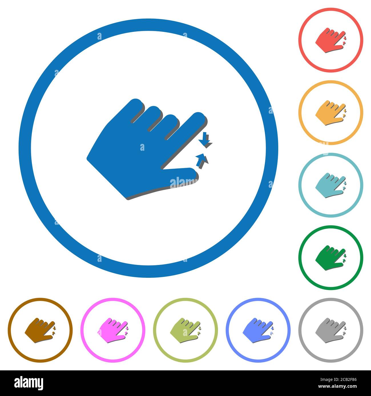 Linkshänder zusammendrücken Geste flache Farbe Vektor-Symbole mit Schatten in runden Umrissen auf weißem Hintergrund Stock Vektor