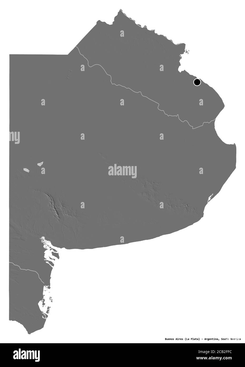 Form von Buenos Aires, Provinz von Argentinien, mit seiner Hauptstadt isoliert auf weißem Hintergrund. Höhenkarte mit zwei Ebenen. 3D-Rendering Stockfoto
