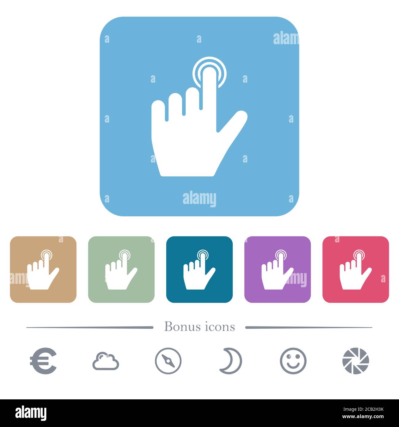 Linkshänder Klicken Geste weiße flache Symbole auf Farbe abgerundeten quadratischen Hintergründen. 6 Bonus-Symbole enthalten Stock Vektor