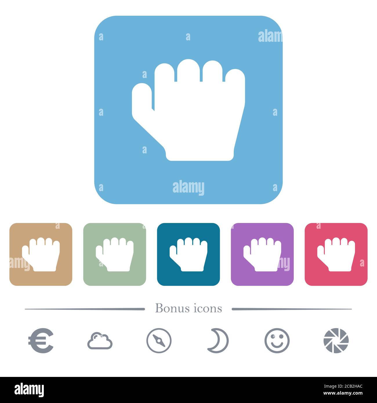 Rechtshänder greifen Geste weißen flachen Symbolen auf Farbe abgerundeten quadratischen Hintergründe. 6 Bonus-Symbole enthalten Stock Vektor