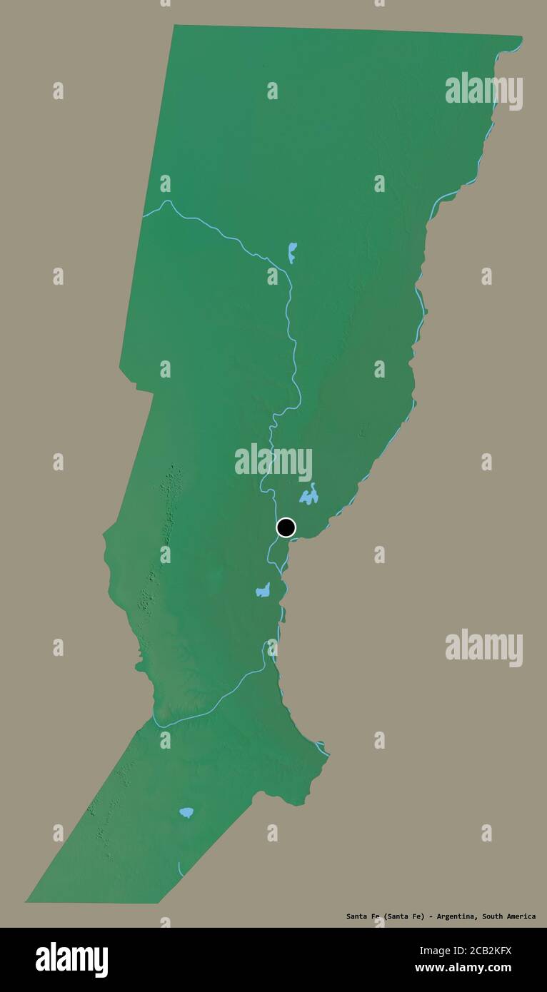 Form von Santa Fe, Provinz von Argentinien, mit seiner Hauptstadt isoliert auf einem einfarbigen Hintergrund. Topografische Reliefkarte. 3D-Rendering Stockfoto