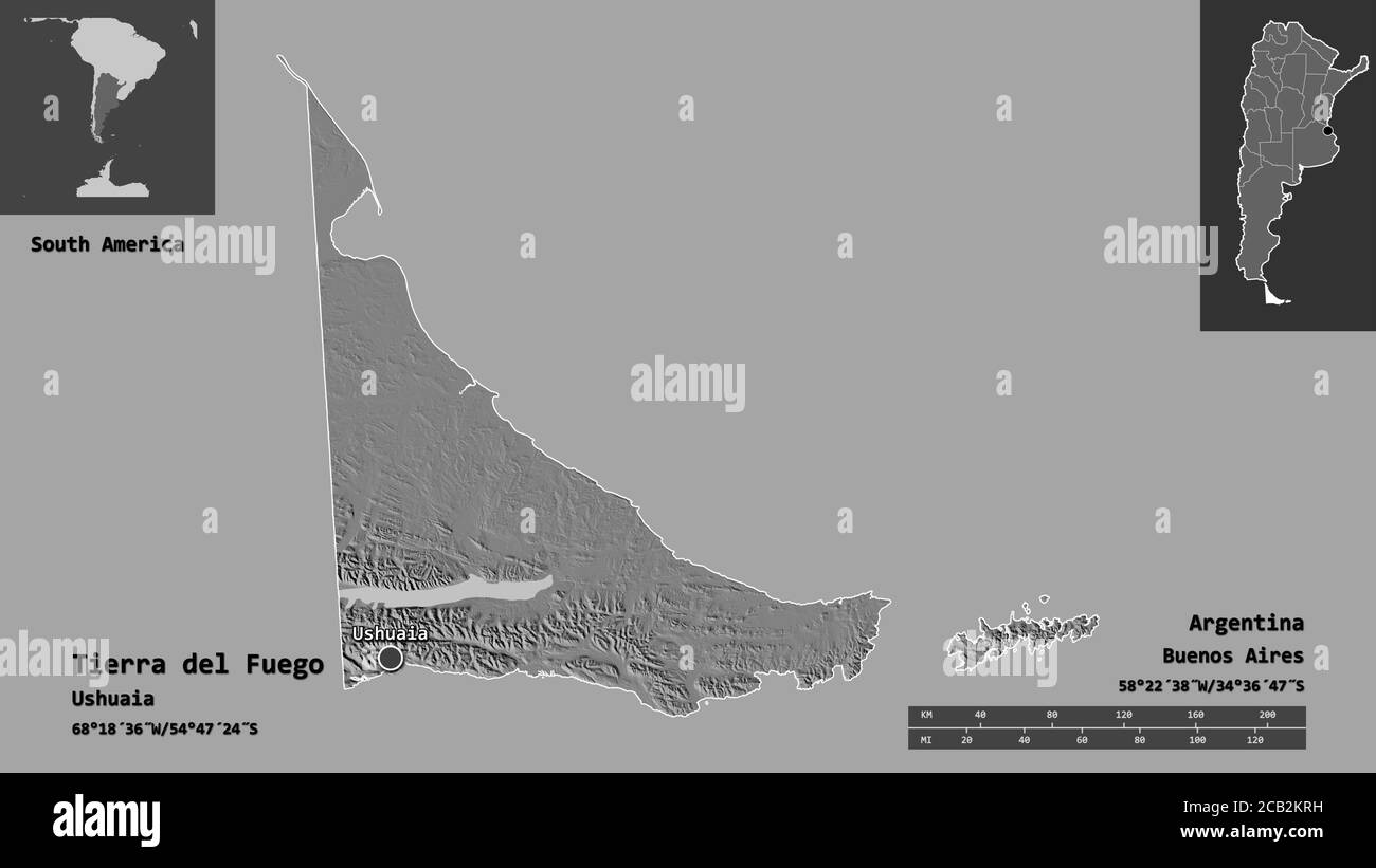 Form von Tierra del Fuego, Staatsgebiet von Argentinien, und seine Hauptstadt. Entfernungsskala, Vorschauen und Beschriftungen. Höhenkarte mit zwei Ebenen. 3D-Rendering Stockfoto