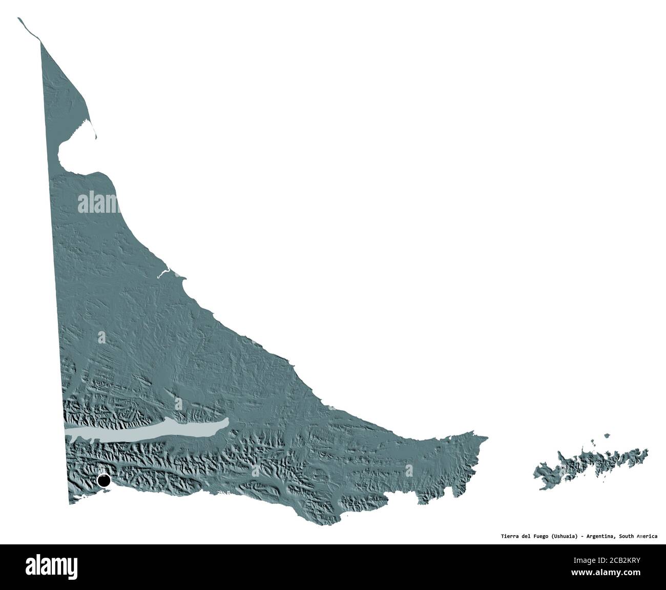 Form von Tierra del Fuego, Staatsgebiet von Argentinien, mit seiner Hauptstadt isoliert auf weißem Hintergrund. Farbige Höhenkarte. 3D-Rendering Stockfoto