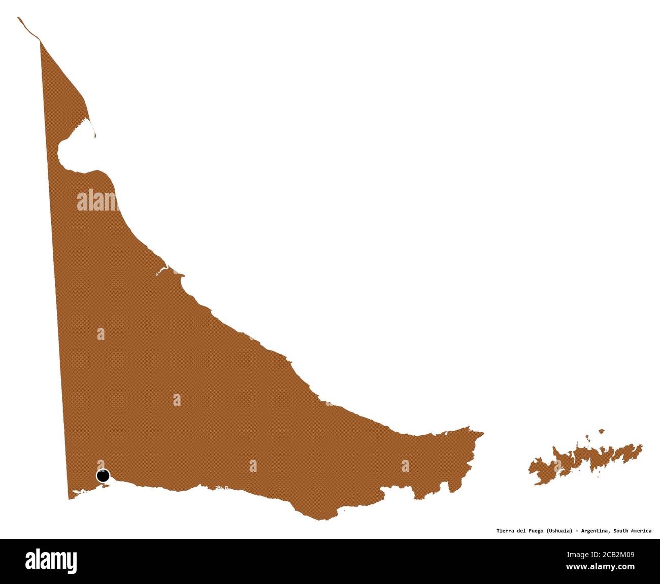 Form von Tierra del Fuego, Staatsgebiet von Argentinien, mit seiner Hauptstadt isoliert auf weißem Hintergrund. Komposition von gemusterten Texturen. 3D-rende Stockfoto