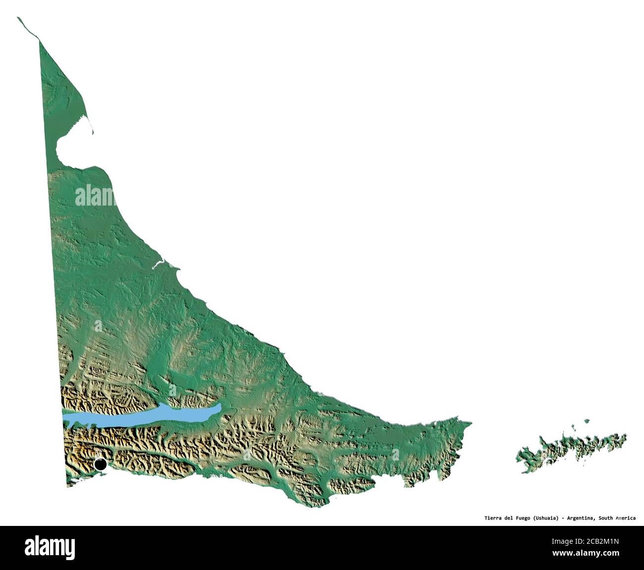 Form von Tierra del Fuego, Staatsgebiet von Argentinien, mit seiner Hauptstadt isoliert auf weißem Hintergrund. Topografische Reliefkarte. 3D-Rendering Stockfoto