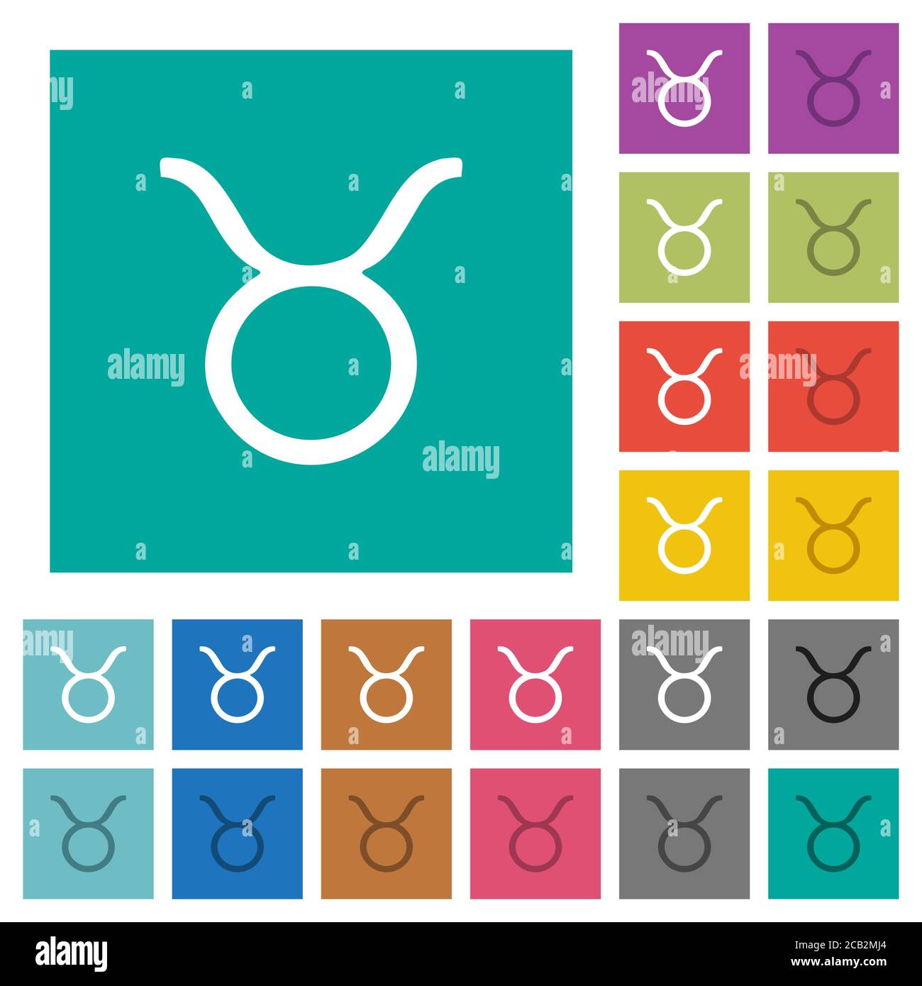 Taurus Sternzeichen mehrfarbige flache Symbole auf einfachen quadratischen Hintergründen. Weiße und dunklere Symbolvarianten für schwebe- oder aktive Effekte. Stock Vektor