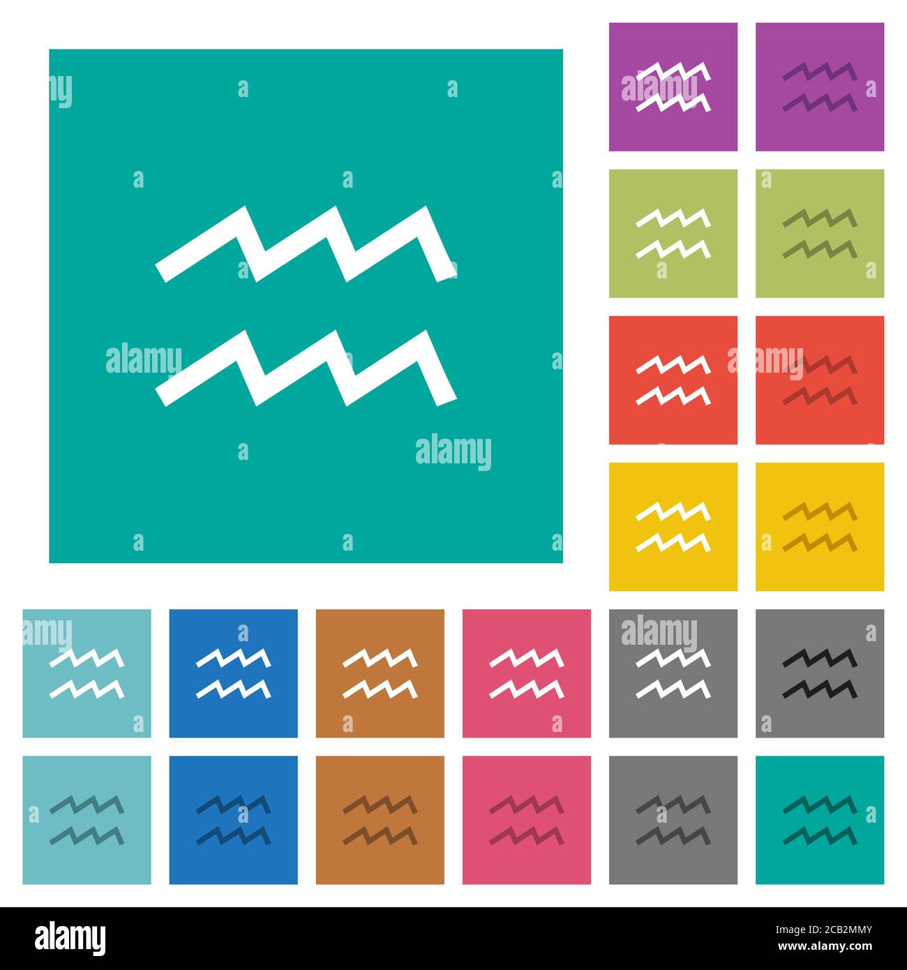 wassermann Tierkreis Symbol mehrfarbige flache Symbole auf einfachen quadratischen Hintergründen. Weiße und dunklere Symbolvarianten für schwebe- oder aktive Effekte. Stock Vektor
