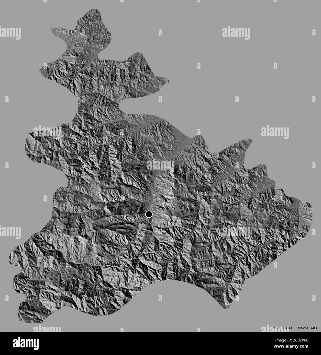 Form von Tavush, Provinz Armenien, mit seiner Hauptstadt isoliert auf einem einfarbigen Hintergrund. Höhenkarte mit zwei Ebenen. 3D-Rendering Stockfoto